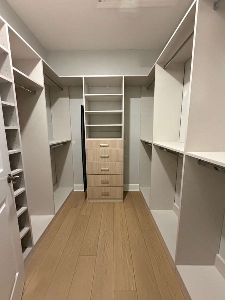 Upgrade your walk-in closet with a modern two-tone custom design. Serving the Orlando area, we craft personalized layout