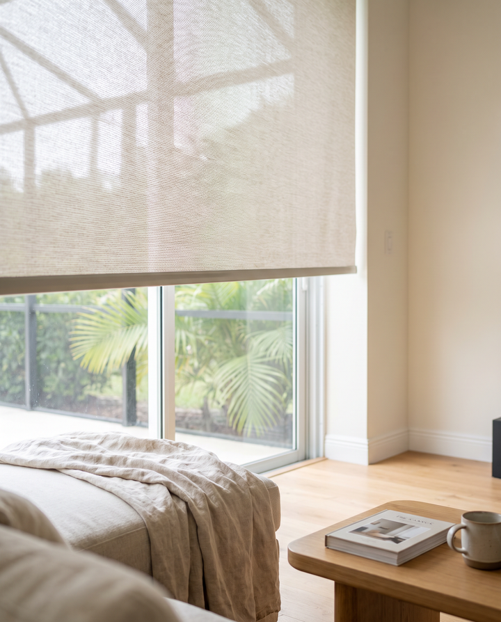 Close-up of a cordless roller shade and its bottom rail