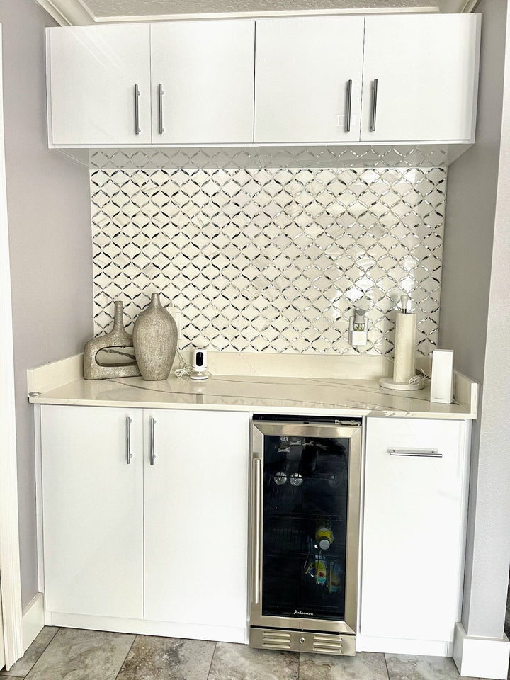 Coffee and bar station with white cabinets, a tile backsplash and a wine cooler