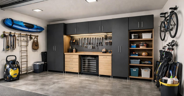 Finished Lake Nona garage makeover with powder-coated steel storage shelving along the wall and a clear floor