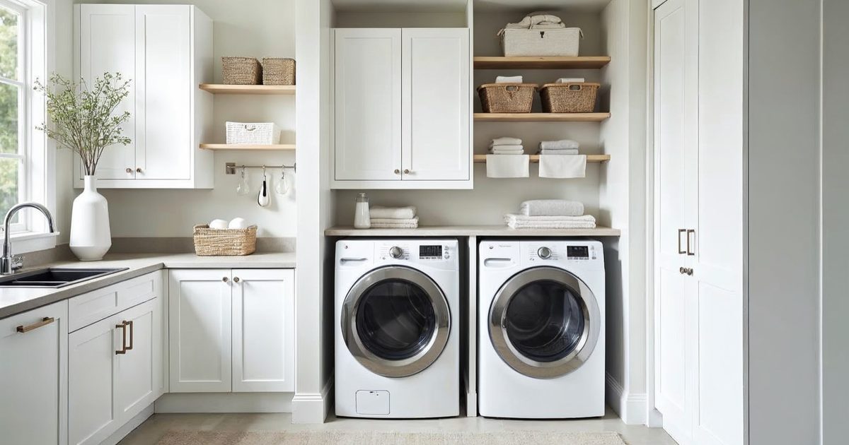Bright laundry room with floor-to-ceiling white storage cabinets and open shelving