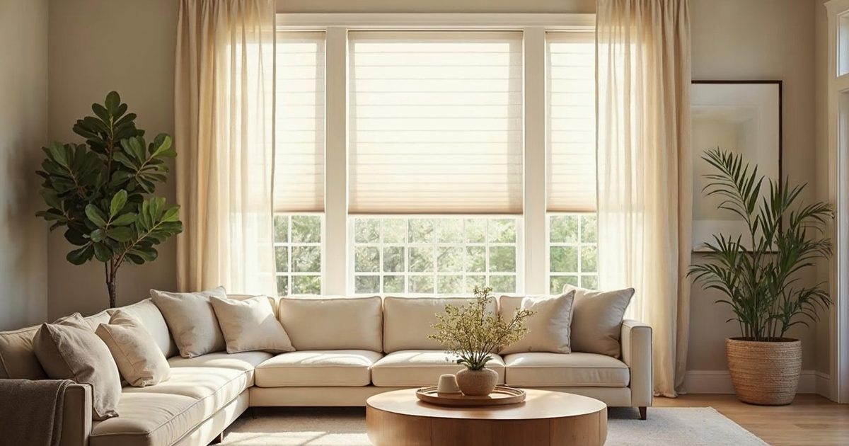 Bright Central Florida living room window glowing with afternoon sun behind layered shades