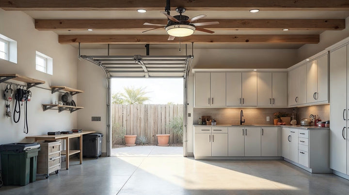 Organized garage with cabinets, hooks, and overhead storage near the home entry