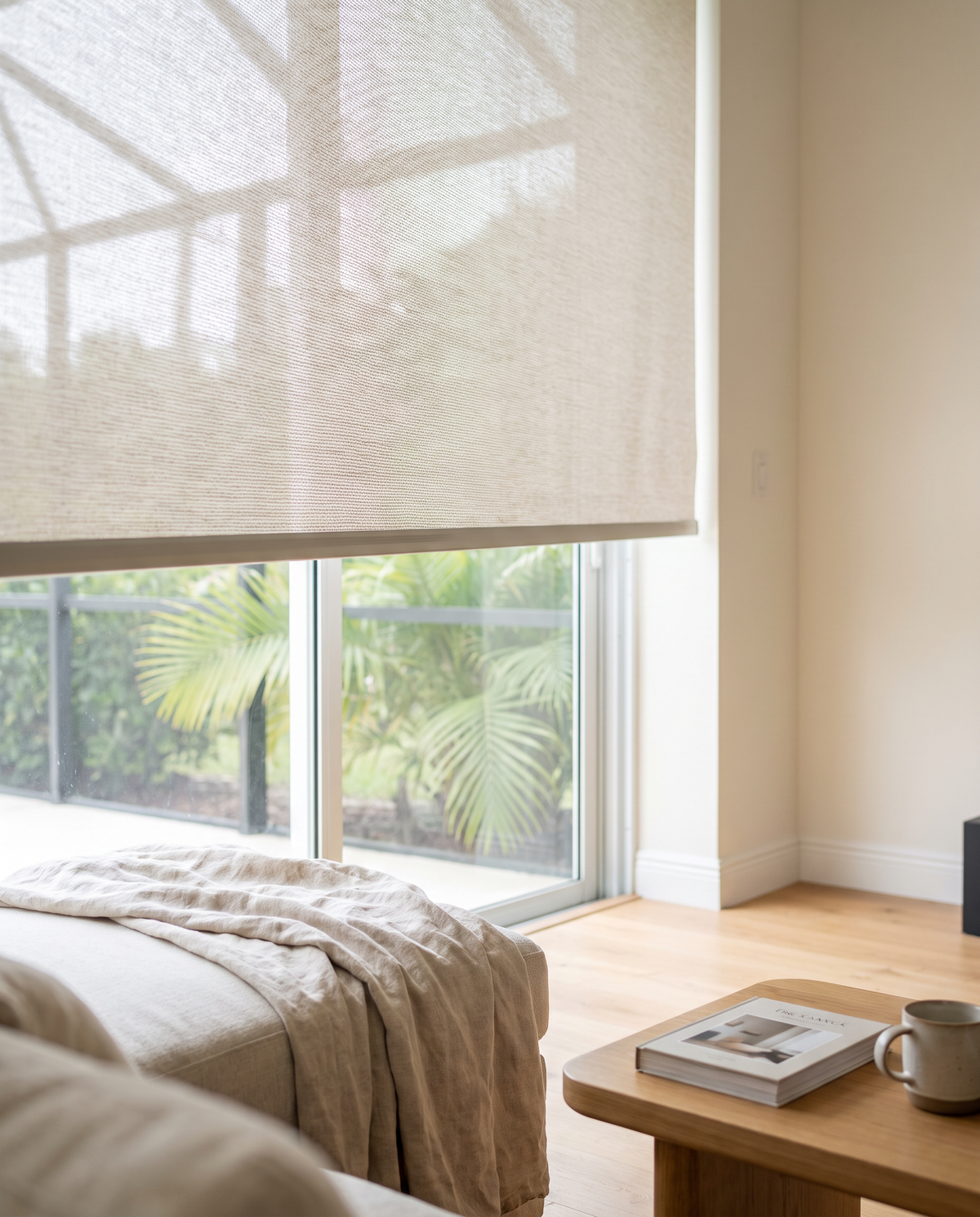 Close-up of a cordless roller shade and its bottom rail