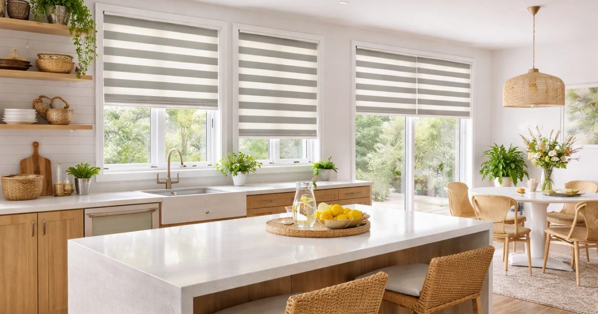 Sunlit Florida living room window with shades filtering bright afternoon light