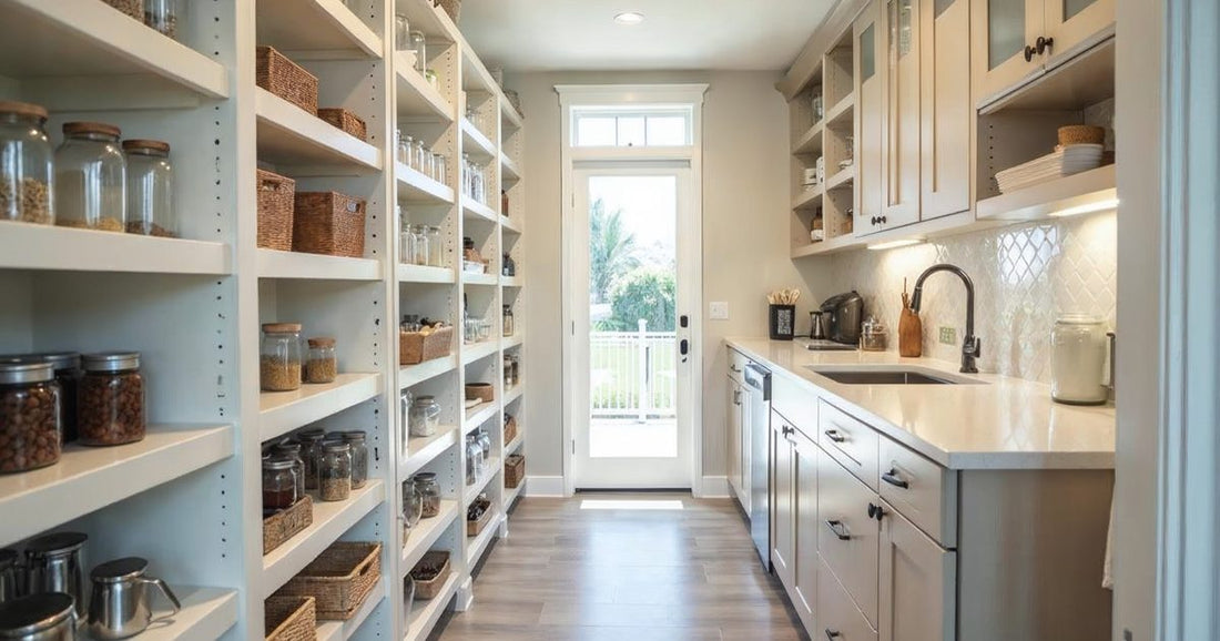Bright, organized walk-in kitchen pantry with full-height shelving and glass storage jars after a Windermere remodel