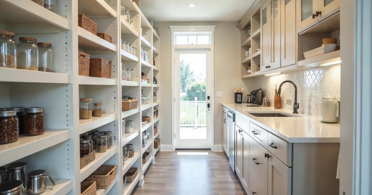Bright, organized walk-in kitchen pantry with full-height shelving and glass storage jars after a Windermere remodel