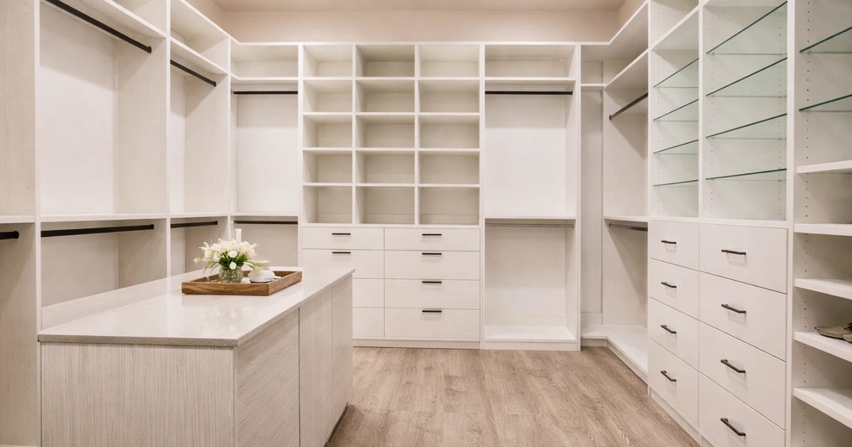 Bright organized custom walk-in closet with built-in shelving, hanging rods, and shoe storage