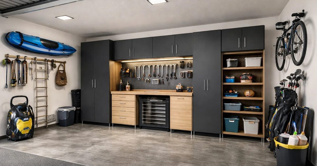 Finished Lake Nona garage makeover with powder-coated steel storage shelving along the wall and a clear floor