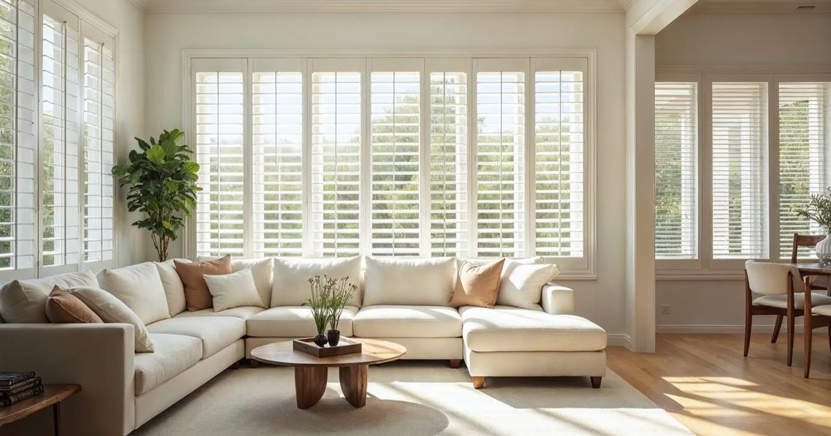 Bright Orlando living room window with soft natural light filtering through custom shutters