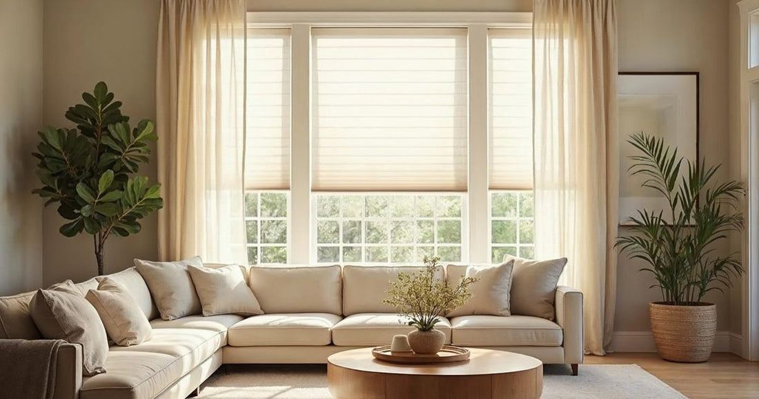Bright Central Florida living room window glowing with afternoon sun behind layered shades