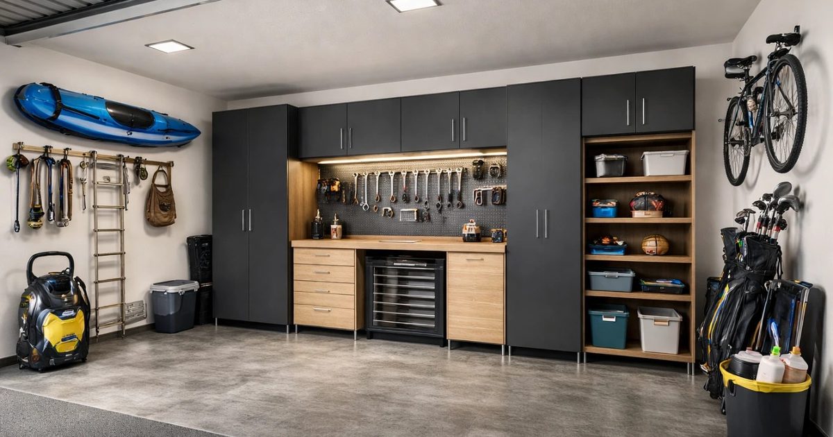 Organized residential garage with custom storage cabinets and shelving running along the wall