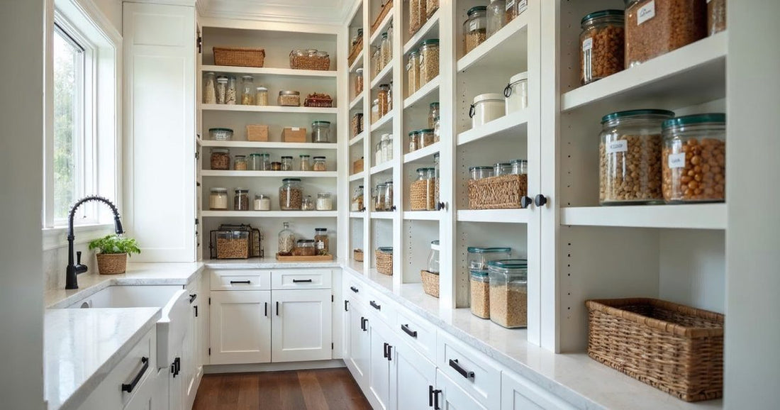 Walk-in custom pantry with rows of white adjustable shelves holding labeled food containers