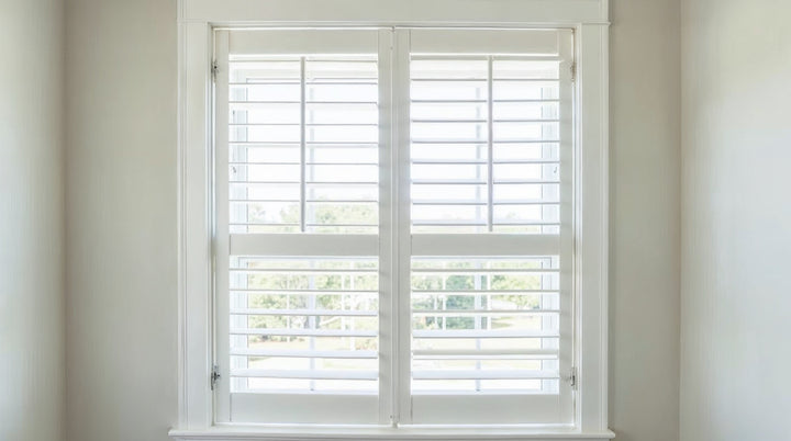 Crisp white composite plantation-style shutters framing a window in a bright room