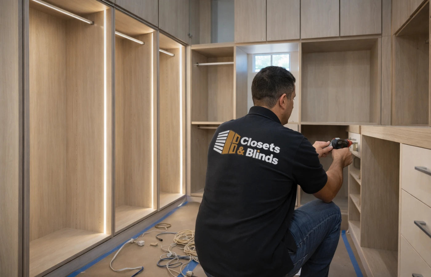 Person working on custom cabinetry with 'Closets & Blinds' logo on a black shirt.