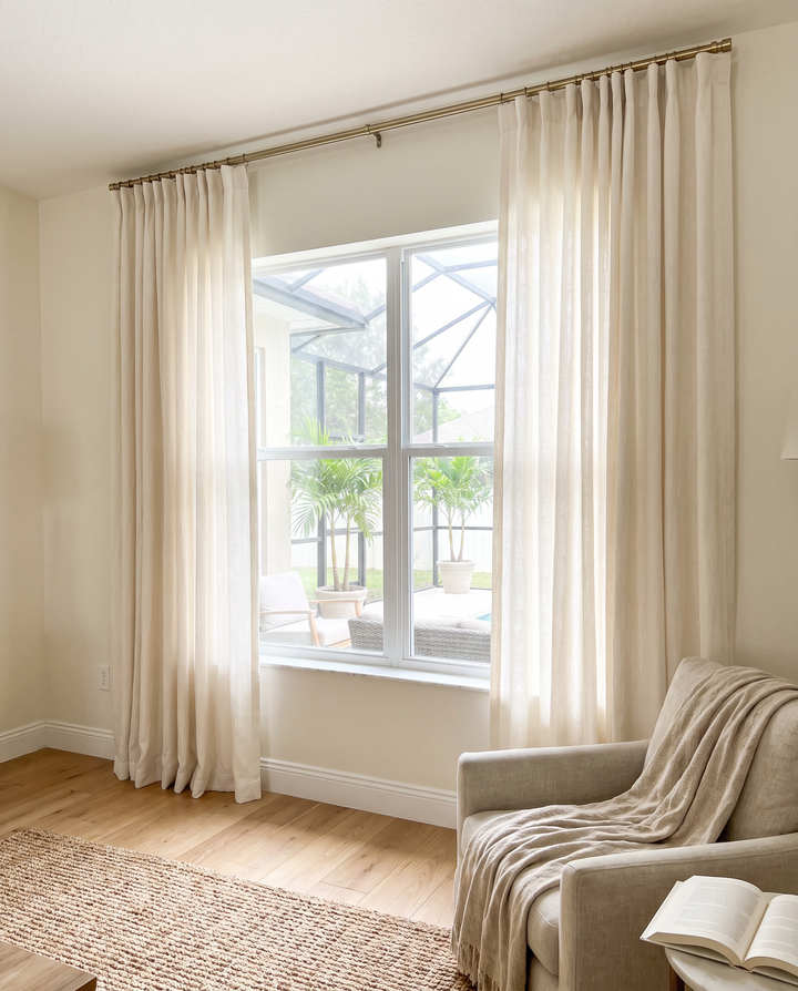 Floor-length linen curtains on a brass rod framing a living room window