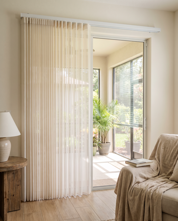 Vertical sheer shade over a sliding patio door