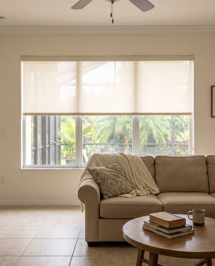 Light-filtering roller shade on a living room window