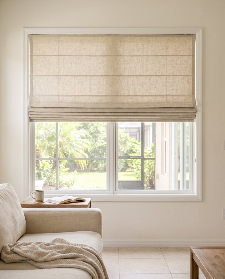 Flat-fold Roman shade in natural linen on a living room window