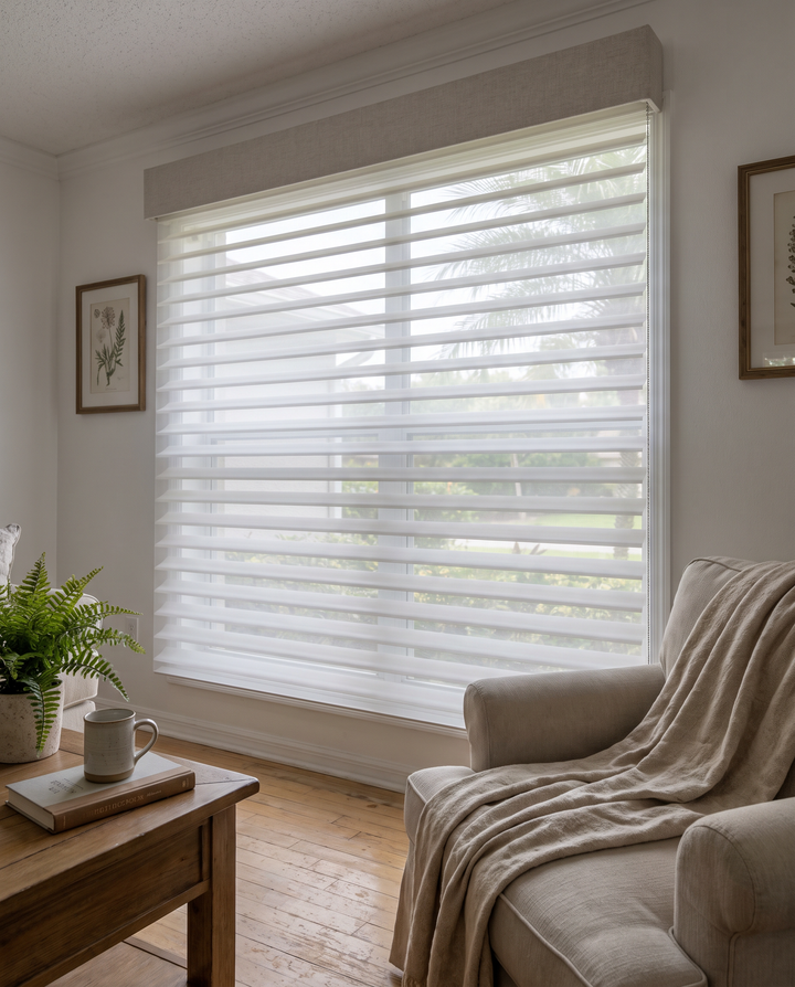 Sheer shade with fabric vanes between two sheer layers on a living room window