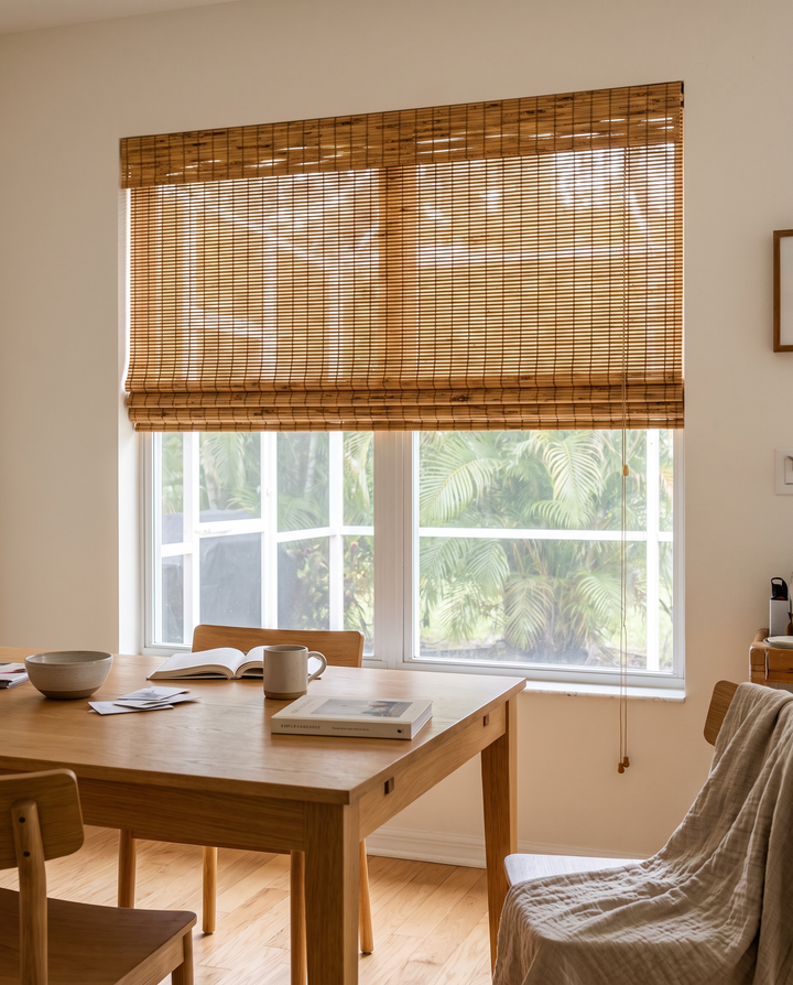 Woven wood shade in honey tones on a dining room window