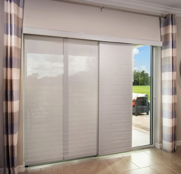 Sheer panel shades on a sliding glass door